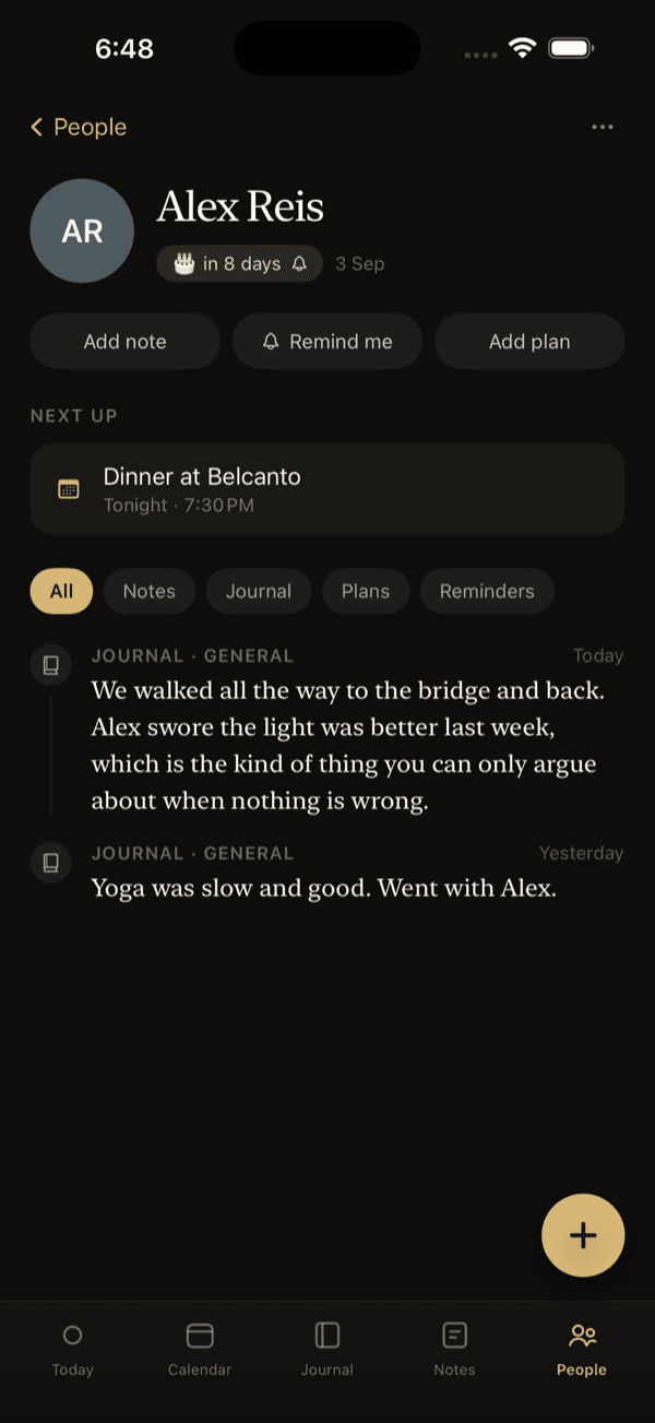 A person timeline in Kin showing birthday, next up, and shared moments
