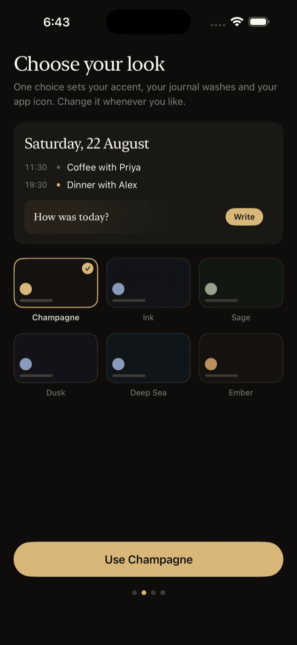 Kin’s theme picker showing six colour palettes
