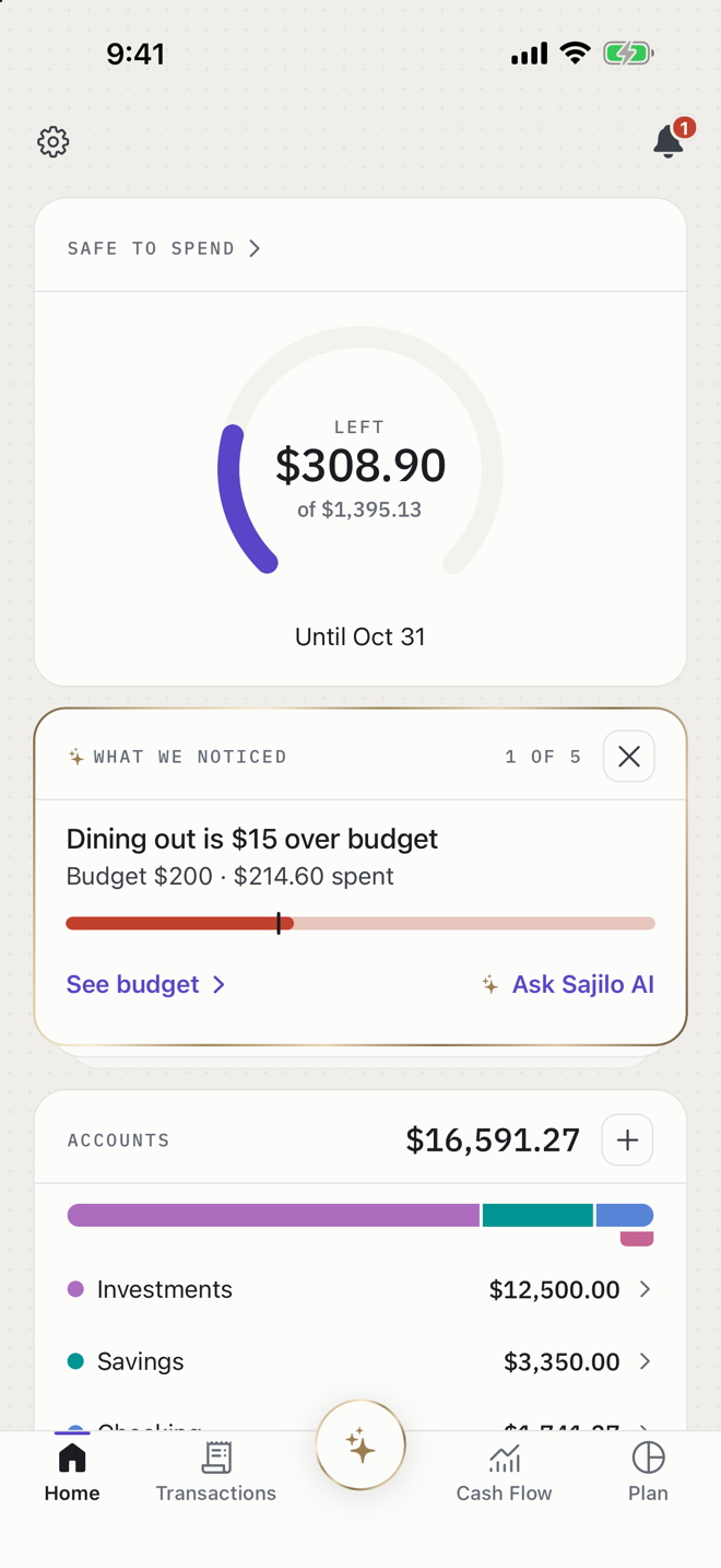 Sajilo Home screen: the Safe to Spend ring with the amount left until payday