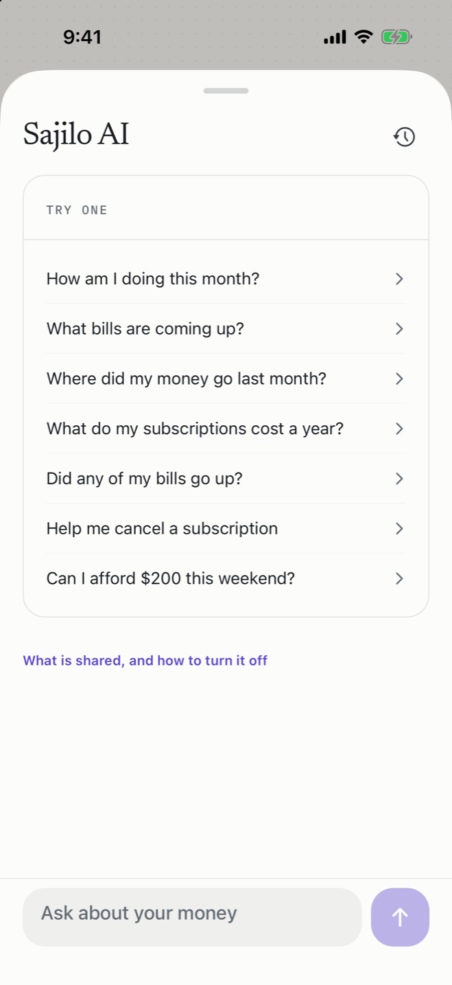 Sajilo AI with suggested questions about your money