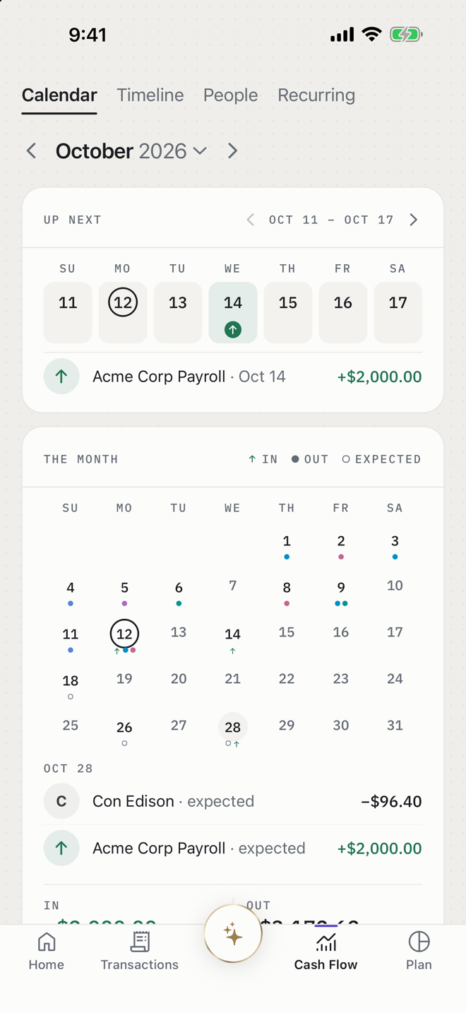 Sajilo Cash Flow calendar with bills and paychecks on their days